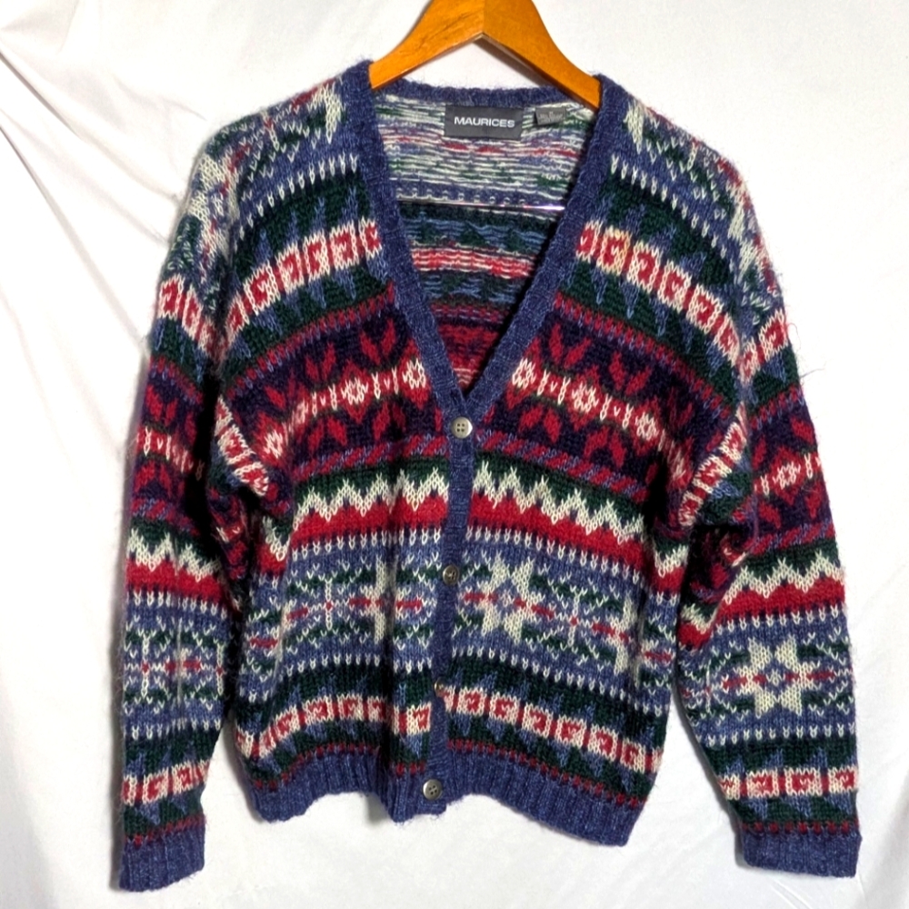 Women's Maurices Mohair Blend Fair Isle V-neck Button-up Cardigan Sz M